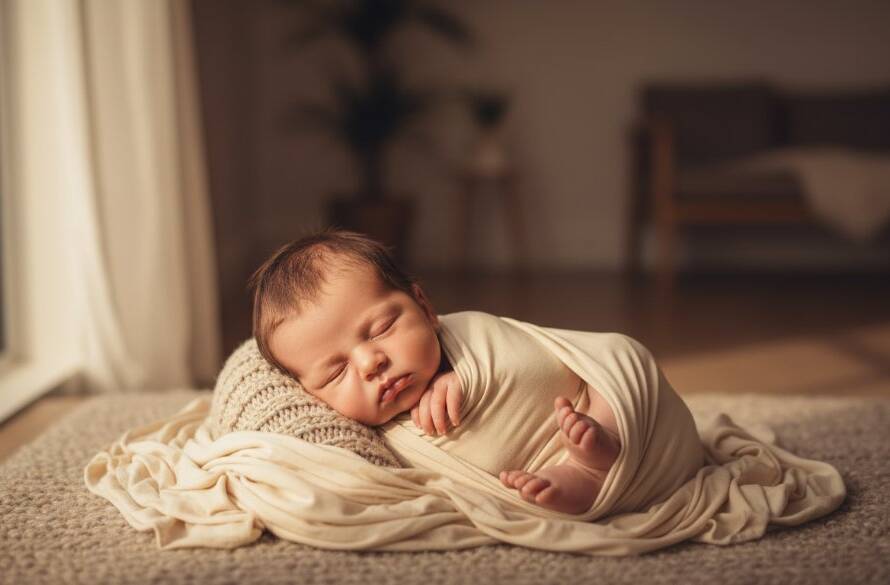 A heartwarming, softly lit, cinematic photograph of a newborn baby swaddled in a delicate blanket, nestled safely in a parent's gentle hands, with the warm, golden glow of a Newport sunrise filtering through sheer curtains. This heartfelt newborn photography Newport Victoria moment captures pure innocence and parental love.