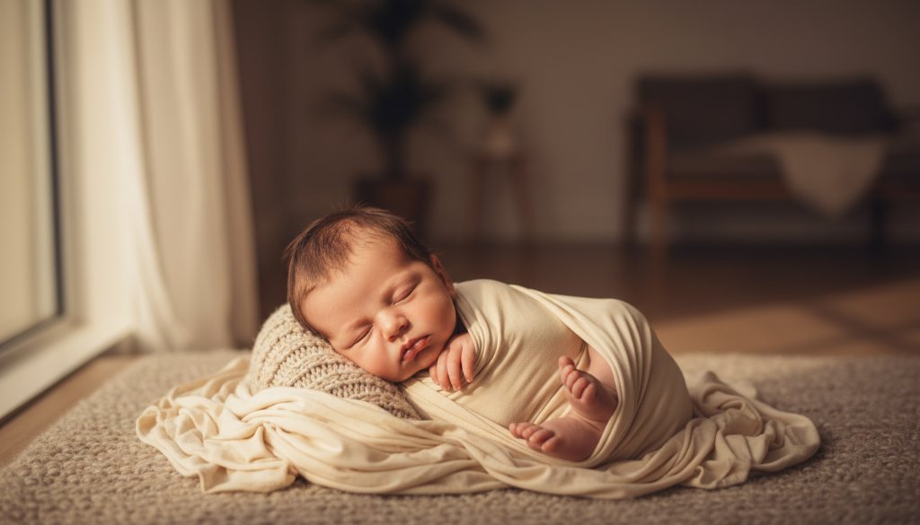 A heartwarming, softly lit, cinematic photograph of a newborn baby swaddled in a delicate blanket, nestled safely in a parent's gentle hands, with the warm, golden glow of a Newport sunrise filtering through sheer curtains. This heartfelt newborn photography Newport Victoria moment captures pure innocence and parental love.