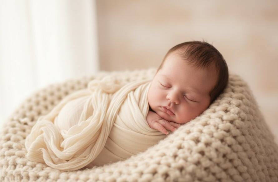 A serene, close-up, high-key portrait of a newborn baby swaddled in soft white fabric, sleeping peacefully in a wicker basket bathed in soft, ethereal natural light from a window, evoking a feeling of heartfelt newborn photography for Parkdale families, professionally color-graded with a delicate, dreamy aesthetic.
