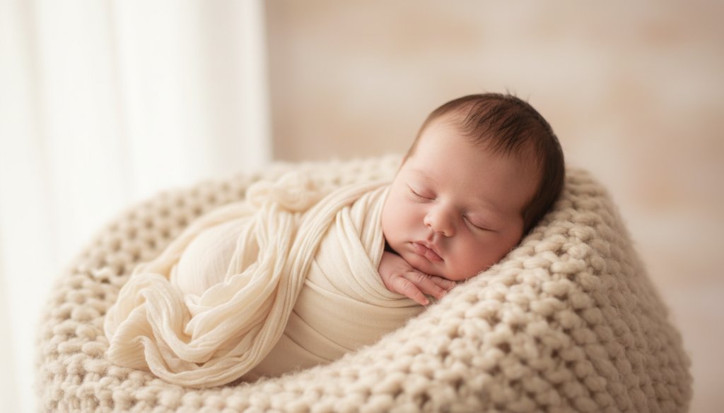 A serene, close-up, high-key portrait of a newborn baby swaddled in soft white fabric, sleeping peacefully in a wicker basket bathed in soft, ethereal natural light from a window, evoking a feeling of heartfelt newborn photography for Parkdale families, professionally color-graded with a delicate, dreamy aesthetic.