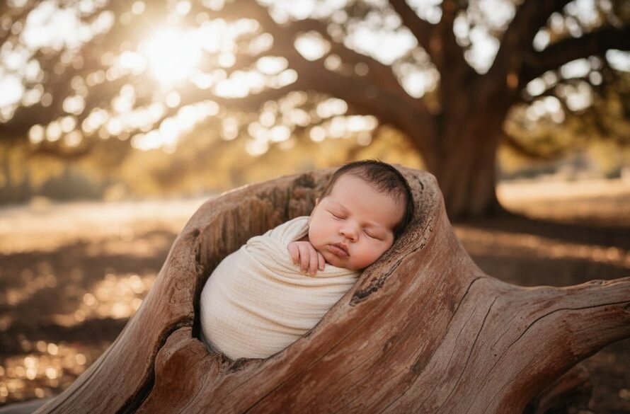 A professional, color-graded cinematic photograph showcasing a serene newborn baby sleeping peacefully in a rustic wooden bassinet, bathed in soft, natural window light, with a gentle, out-of-focus backdrop suggesting the warm, earthy tones of the Red Cliffs landscape. This epic moment captures the delicate innocence perfect for heartfelt newborn photography sessions Red Cliffs Victoria.