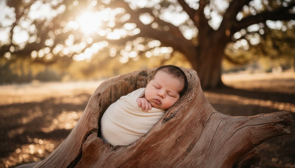 A professional, color-graded cinematic photograph showcasing a serene newborn baby sleeping peacefully in a rustic wooden bassinet, bathed in soft, natural window light, with a gentle, out-of-focus backdrop suggesting the warm, earthy tones of the Red Cliffs landscape. This epic moment captures the delicate innocence perfect for heartfelt newborn photography sessions Red Cliffs Victoria.
