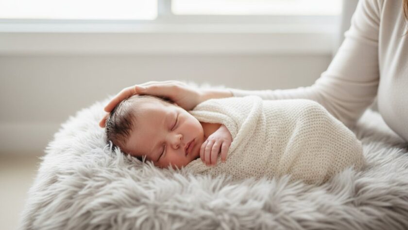 A tender, cinematic close-up of a sleeping newborn baby's tiny hand gently gripping a parent's finger, bathed in soft, warm morning light filtering through a window in a Shepparton home, capturing heartfelt newborn photography Shepparton family memories.