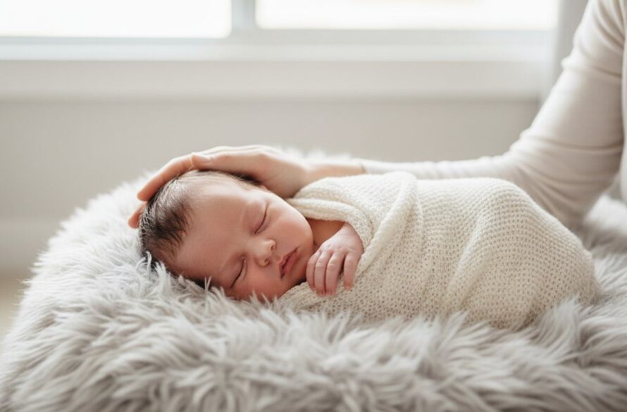 A tender, cinematic close-up of a sleeping newborn baby's tiny hand gently gripping a parent's finger, bathed in soft, warm morning light filtering through a window in a Shepparton home, capturing heartfelt newborn photography Shepparton family memories.