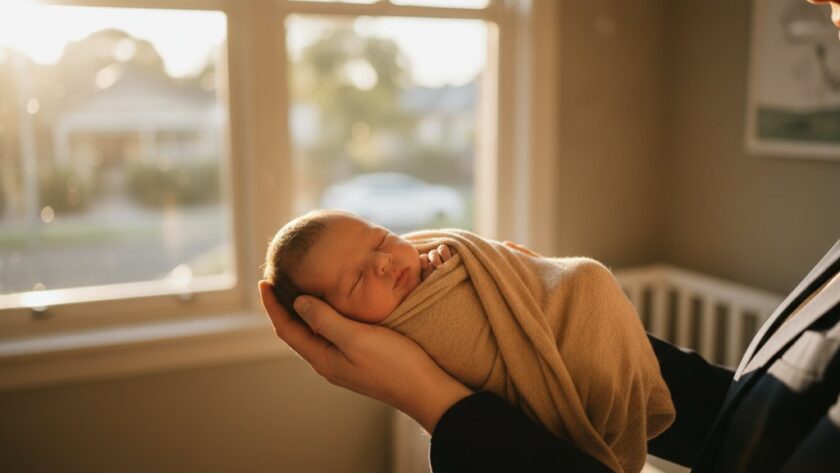 A heartwarming, professionally colour-graded photograph showcasing a newborn baby in a deep, peaceful sleep, gently swaddled in soft, earthy tones, with delicate light spilling from a window in a South Geelong home, embodying heartfelt newborn photography South Geelong.
