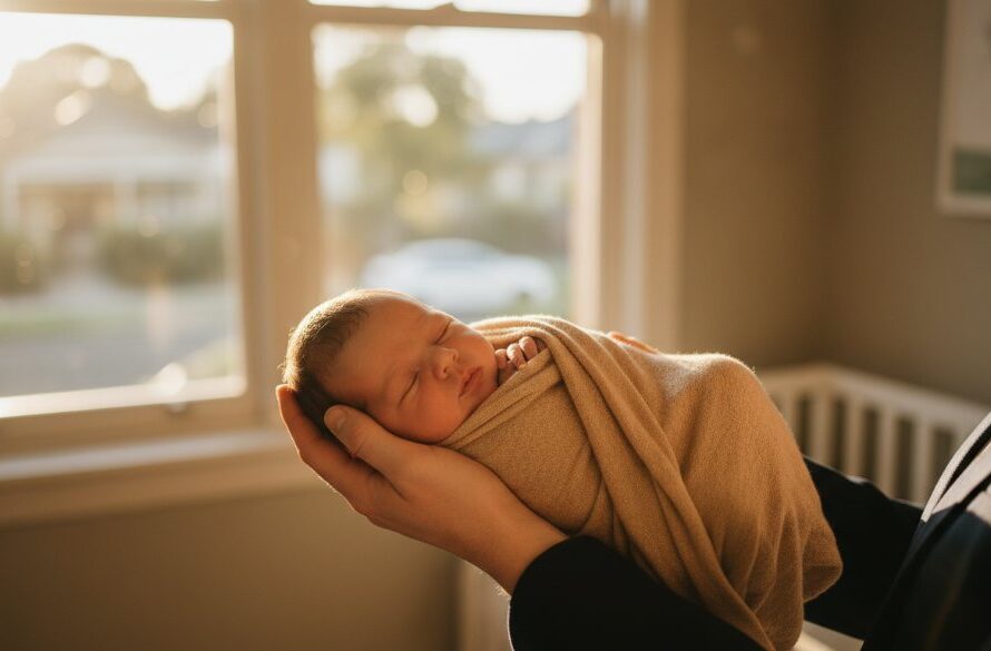 A heartwarming, professionally colour-graded photograph showcasing a newborn baby in a deep, peaceful sleep, gently swaddled in soft, earthy tones, with delicate light spilling from a window in a South Geelong home, embodying heartfelt newborn photography South Geelong.