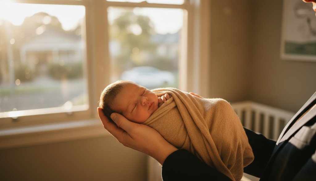A heartwarming, professionally colour-graded photograph showcasing a newborn baby in a deep, peaceful sleep, gently swaddled in soft, earthy tones, with delicate light spilling from a window in a South Geelong home, embodying heartfelt newborn photography South Geelong.