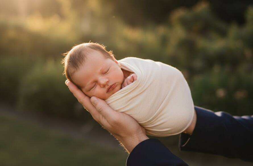 An 'epic moment' photograph for heartfelt newborn photography Springvale families, capturing a peacefully sleeping baby swaddled in soft textures, gently held in parents' loving hands, bathed in warm, ethereal light, showcasing pure connection and emotion.
