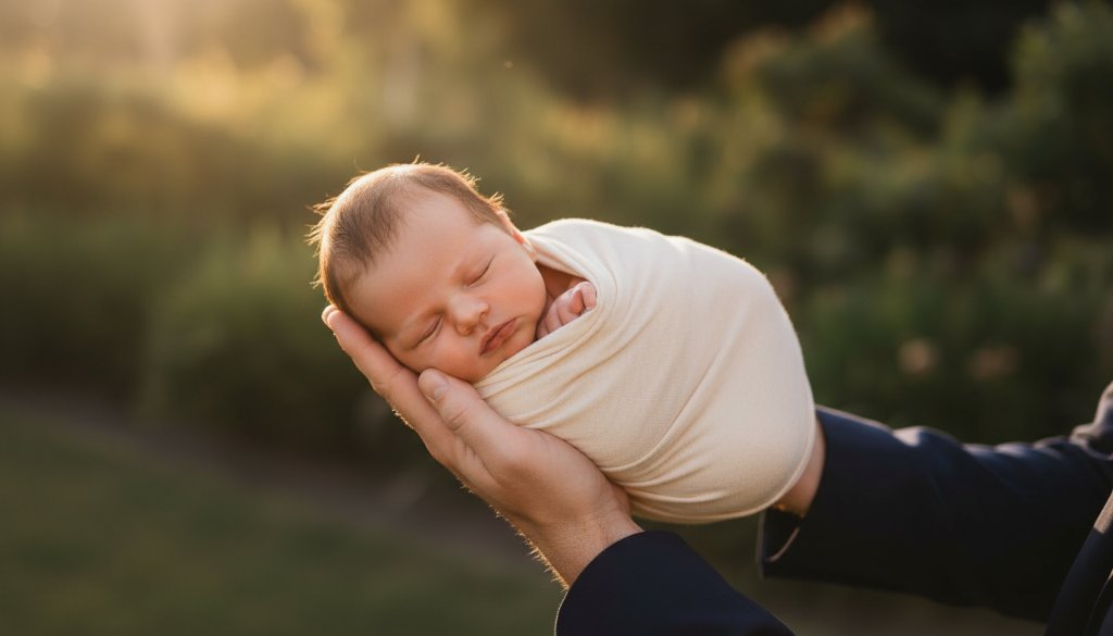 An 'epic moment' photograph for heartfelt newborn photography Springvale families, capturing a peacefully sleeping baby swaddled in soft textures, gently held in parents' loving hands, bathed in warm, ethereal light, showcasing pure connection and emotion.