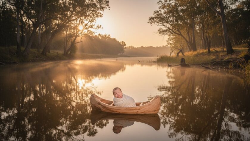 A serene, epic moment captured in Heartfelt Newborn Photography Swan Hill Victoria featuring a newborn baby wrapped snugly in a soft, cream blanket, nestled in a rustic wooden basket amidst gentle, sun-dappled reeds by the Murray River, evoking a sense of peaceful wonder and new beginnings.