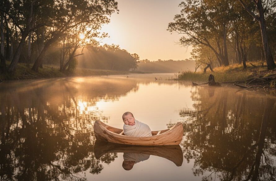 A serene, epic moment captured in Heartfelt Newborn Photography Swan Hill Victoria featuring a newborn baby wrapped snugly in a soft, cream blanket, nestled in a rustic wooden basket amidst gentle, sun-dappled reeds by the Murray River, evoking a sense of peaceful wonder and new beginnings.