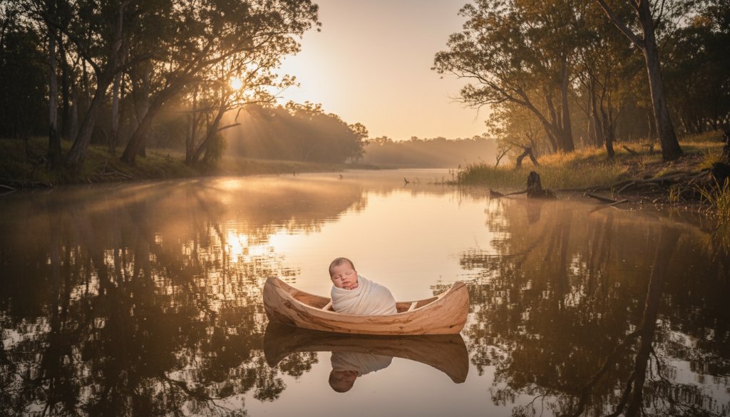 A serene, epic moment captured in Heartfelt Newborn Photography Swan Hill Victoria featuring a newborn baby wrapped snugly in a soft, cream blanket, nestled in a rustic wooden basket amidst gentle, sun-dappled reeds by the Murray River, evoking a sense of peaceful wonder and new beginnings.
