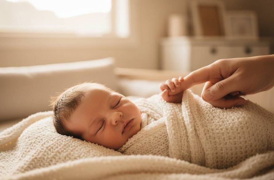Epic moment: A close-up, dreamlike portrait capturing the delicate hands of a newborn baby tenderly holding a parent's finger, bathed in warm, soft morning light streaming through a window in Templestowe Lower, symbolizing the precious bond of heartfelt newborn photography Templestowe Lower.