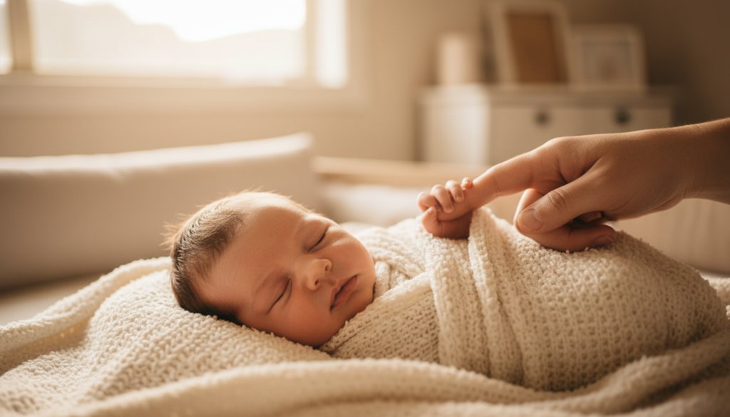 Epic moment: A close-up, dreamlike portrait capturing the delicate hands of a newborn baby tenderly holding a parent's finger, bathed in warm, soft morning light streaming through a window in Templestowe Lower, symbolizing the precious bond of heartfelt newborn photography Templestowe Lower.