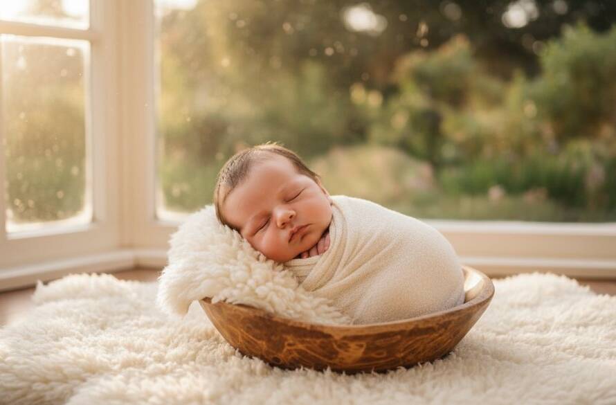 An 'epic moment' capture of heartfelt newborn photography Warrandyte South natural light, showing a serene baby swaddled in soft organic fabric, bathed in warm, ethereal window light, nestled against a rustic wooden backdrop.