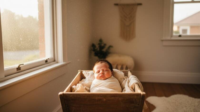 A tender, cinematic wide shot capturing heartfelt newborn photography West Footscray, showing a sleeping baby peacefully nestled in a vintage bassinet by a sunlit window in a West Footscray home, professional color grading, dramatic soft lighting.