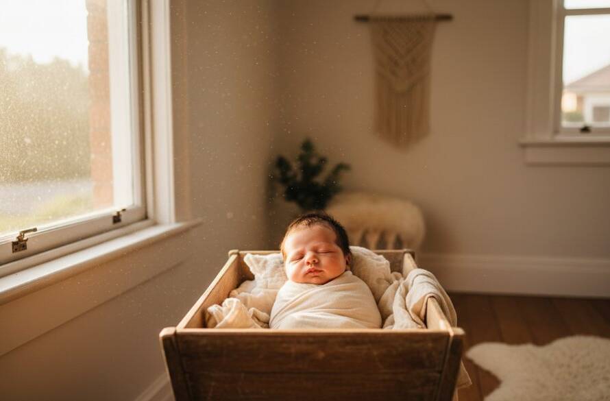 A tender, cinematic wide shot capturing heartfelt newborn photography West Footscray, showing a sleeping baby peacefully nestled in a vintage bassinet by a sunlit window in a West Footscray home, professional color grading, dramatic soft lighting.