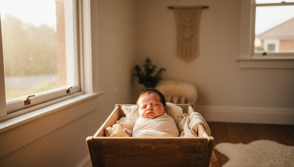 A tender, cinematic wide shot capturing heartfelt newborn photography West Footscray, showing a sleeping baby peacefully nestled in a vintage bassinet by a sunlit window in a West Footscray home, professional color grading, dramatic soft lighting.