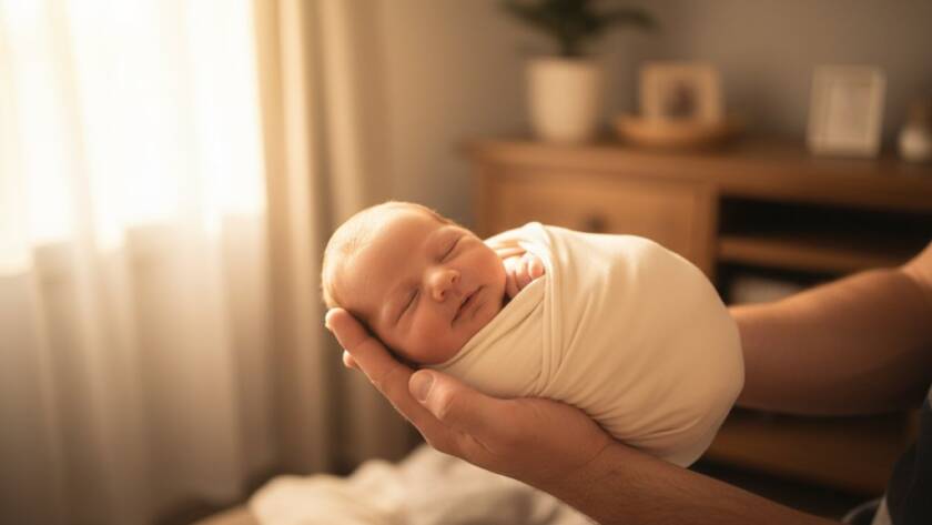 A tender, cinematic close-up of a baby's tiny hand gently gripping a parent's finger, bathed in soft, warm light, creating a heartfelt newborn photos Eumemmerring Victoria moment of connection and profound love.