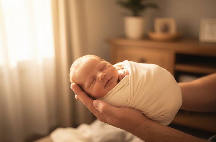 A tender, cinematic close-up of a baby's tiny hand gently gripping a parent's finger, bathed in soft, warm light, creating a heartfelt newborn photos Eumemmerring Victoria moment of connection and profound love.