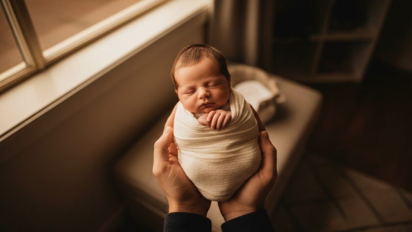 A tender, cinematic overhead shot showcasing a sleeping newborn wrapped in soft, earthy tones, gently nestled in a parent's arms, bathed in golden hour light within a cosy Geelong home, perfectly encapsulating a heartfelt newborn photoshoot Geelong families treasure.