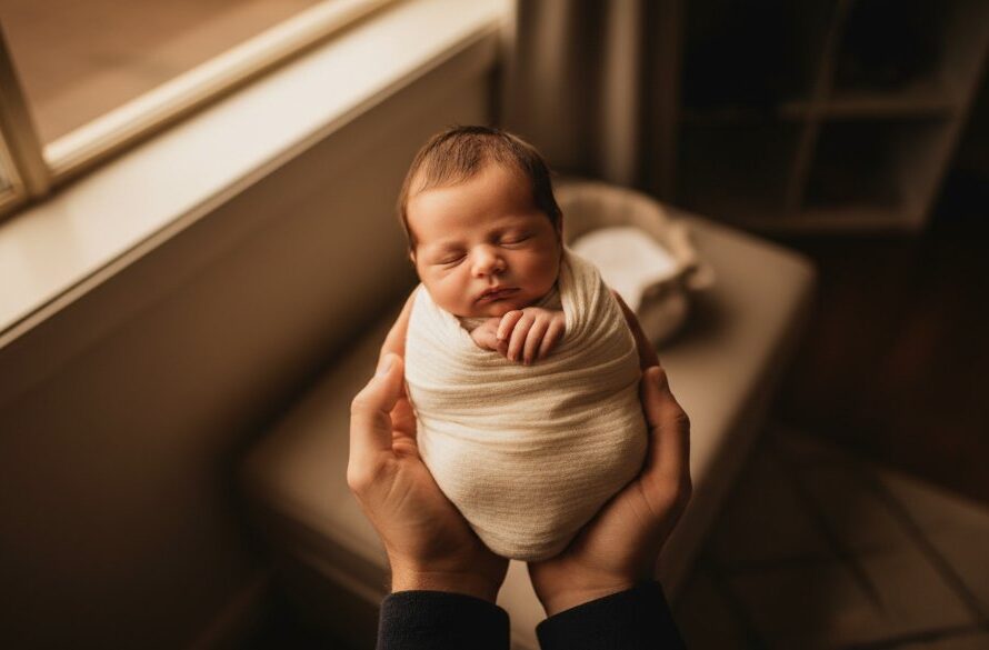 A tender, cinematic overhead shot showcasing a sleeping newborn wrapped in soft, earthy tones, gently nestled in a parent's arms, bathed in golden hour light within a cosy Geelong home, perfectly encapsulating a heartfelt newborn photoshoot Geelong families treasure.