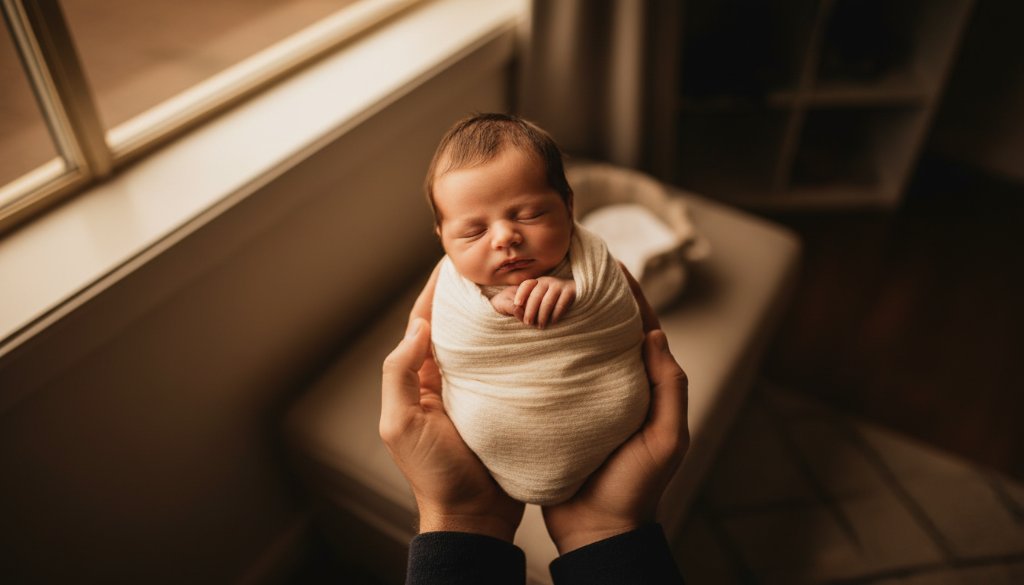 A tender, cinematic overhead shot showcasing a sleeping newborn wrapped in soft, earthy tones, gently nestled in a parent's arms, bathed in golden hour light within a cosy Geelong home, perfectly encapsulating a heartfelt newborn photoshoot Geelong families treasure.