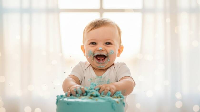 A joyful baby boy, covered in colourful frosting, laughing exuberantly while smashing a pastel blue cake, capturing heartfelt one-year cake smash photos Officer Victoria with dynamic lighting and bokeh background.