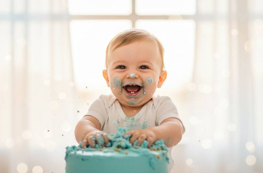 A joyful baby boy, covered in colourful frosting, laughing exuberantly while smashing a pastel blue cake, capturing heartfelt one-year cake smash photos Officer Victoria with dynamic lighting and bokeh background.