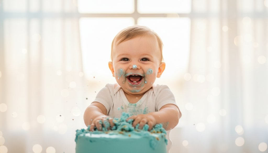 A joyful baby boy, covered in colourful frosting, laughing exuberantly while smashing a pastel blue cake, capturing heartfelt one-year cake smash photos Officer Victoria with dynamic lighting and bokeh background.