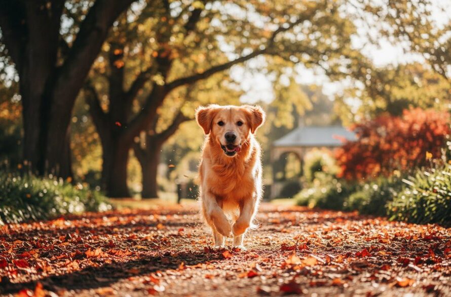 An epic moment of a golden retriever joyfully leaping through autumn leaves in the Heartfelt pet photography Castlemaine Botanic Gardens, perfectly capturing its playful spirit against a backdrop of golden light.