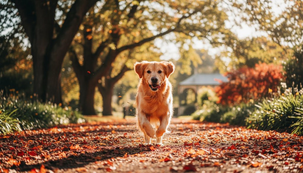 An epic moment of a golden retriever joyfully leaping through autumn leaves in the Heartfelt pet photography Castlemaine Botanic Gardens, perfectly capturing its playful spirit against a backdrop of golden light.