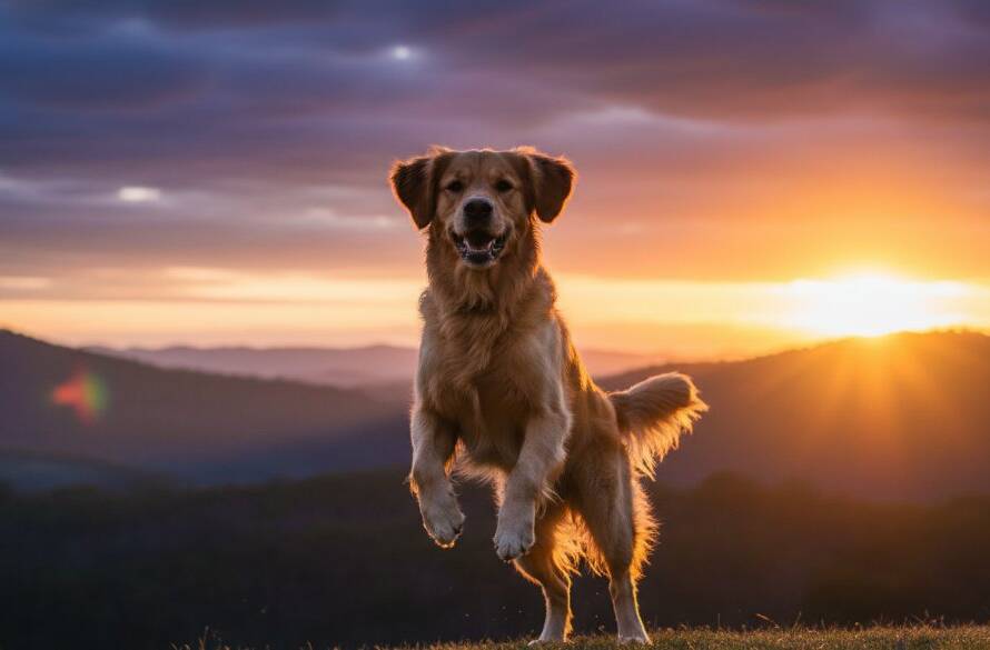A golden retriever mid-leap, silhouetted against a vibrant Dandenong sunset, capturing a truly heartfelt pet photography Dandenong natural light epic moment with dramatic lens flare and a joyful expression.