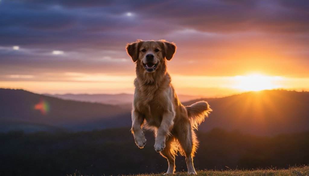 A golden retriever mid-leap, silhouetted against a vibrant Dandenong sunset, capturing a truly heartfelt pet photography Dandenong natural light epic moment with dramatic lens flare and a joyful expression.