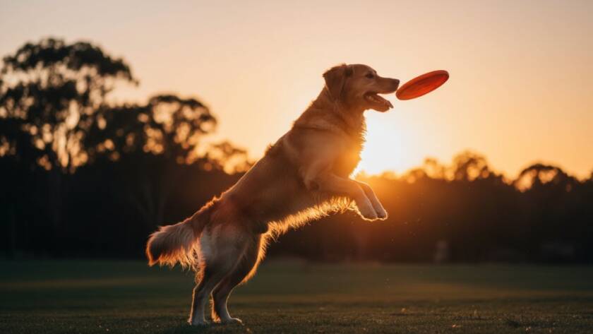 A golden retriever mid-leap, bathed in golden hour light, joyfully fetching a stick in a Heatherdale park, perfectly illustrating heartfelt pet photography Heatherdale outdoor adventures.
