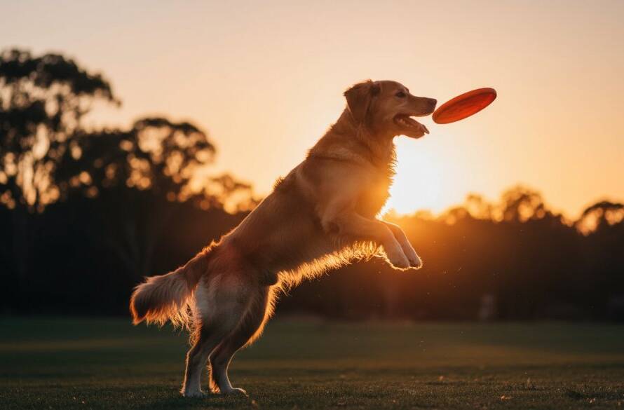 A golden retriever mid-leap, bathed in golden hour light, joyfully fetching a stick in a Heatherdale park, perfectly illustrating heartfelt pet photography Heatherdale outdoor adventures.