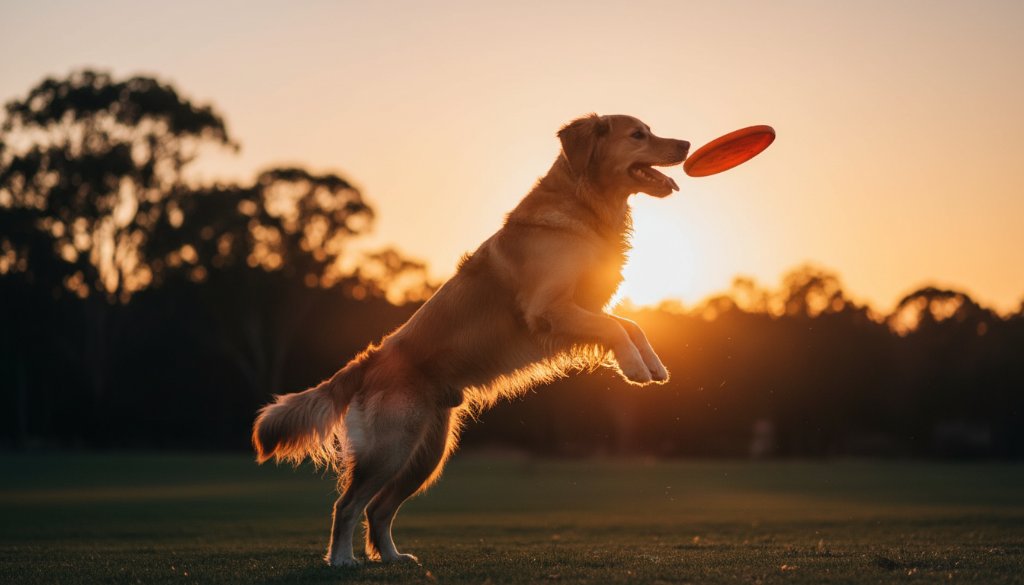 A golden retriever mid-leap, bathed in golden hour light, joyfully fetching a stick in a Heatherdale park, perfectly illustrating heartfelt pet photography Heatherdale outdoor adventures.