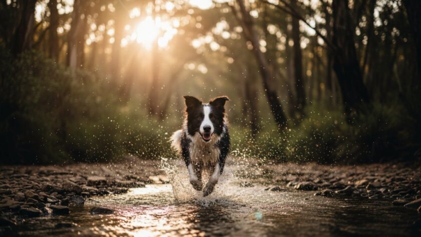An adventurous golden retriever, mid-leap through golden sunlight, captured during a heartfelt pet photography Hepburn Springs session, with the lush Victorian bushland of Hepburn Springs in the background, exuding pure joy and dynamic energy.