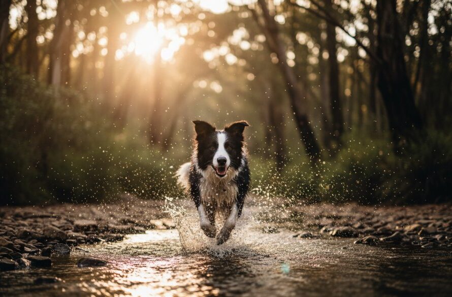 An adventurous golden retriever, mid-leap through golden sunlight, captured during a heartfelt pet photography Hepburn Springs session, with the lush Victorian bushland of Hepburn Springs in the background, exuding pure joy and dynamic energy.