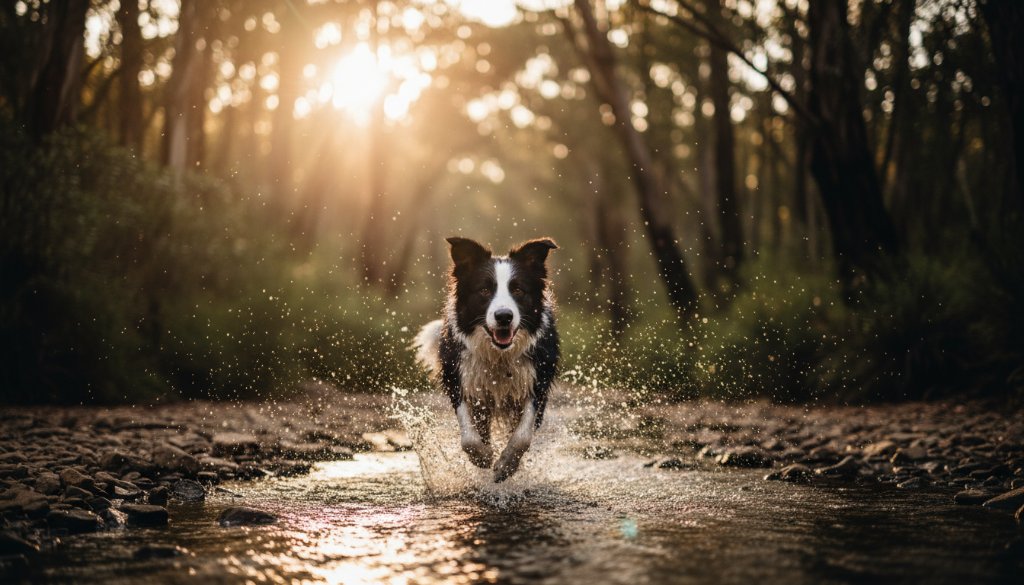 An adventurous golden retriever, mid-leap through golden sunlight, captured during a heartfelt pet photography Hepburn Springs session, with the lush Victorian bushland of Hepburn Springs in the background, exuding pure joy and dynamic energy.