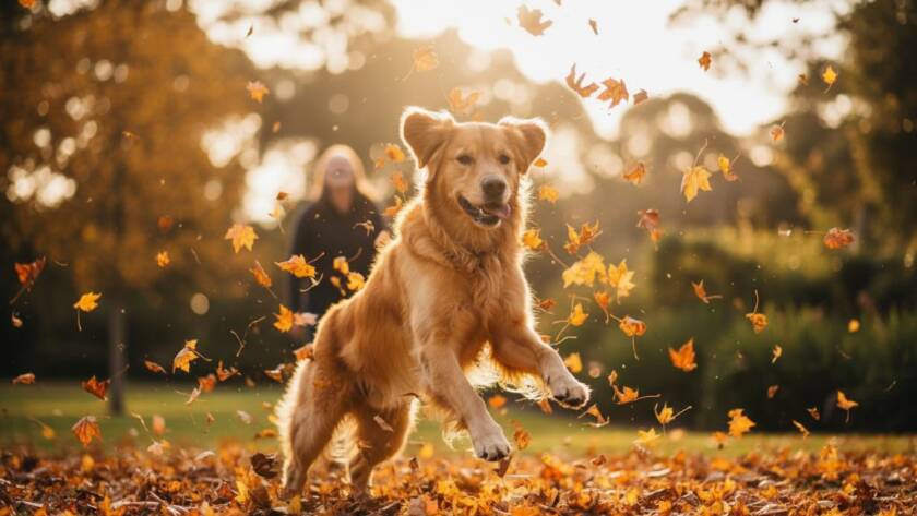 An epic, professional photograph of a golden retriever joyfully leaping through sun-drenched autumn leaves in a Hughesdale park, perfectly embodying heartfelt pet photography Hughesdale Victoria.