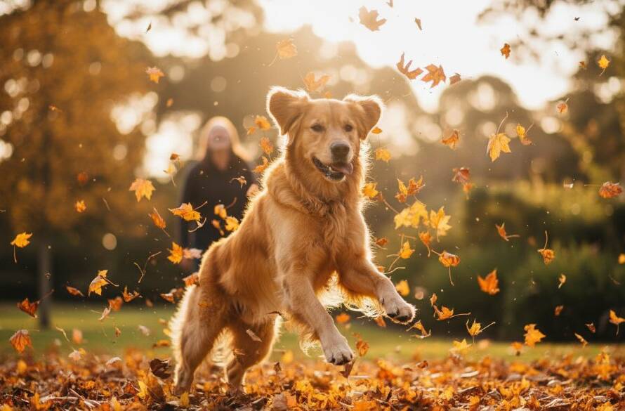 An epic, professional photograph of a golden retriever joyfully leaping through sun-drenched autumn leaves in a Hughesdale park, perfectly embodying heartfelt pet photography Hughesdale Victoria.