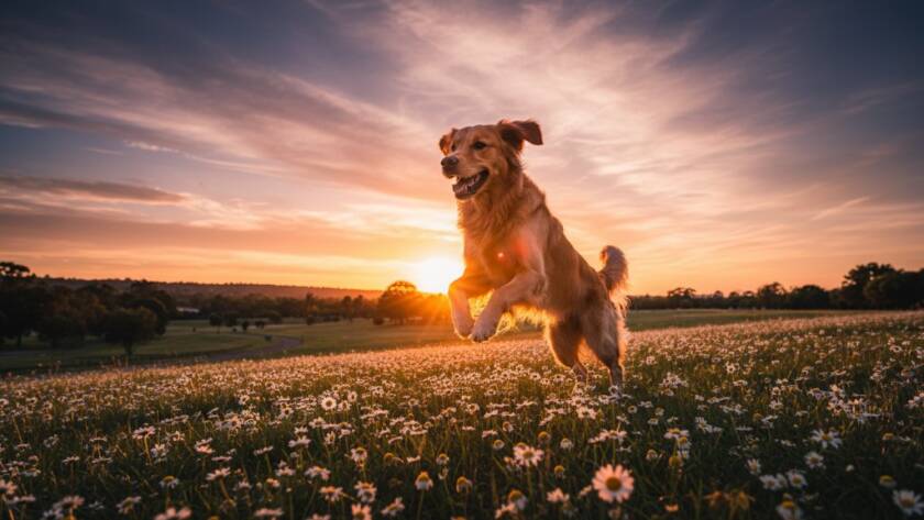 An emotionally resonant, epic moment captured through heartfelt pet photography Keilor Park captures, showing a golden retriever leaping joyfully through dappled sunlight in a lush park, its fur illuminated with golden light, a perfect professional portrait.