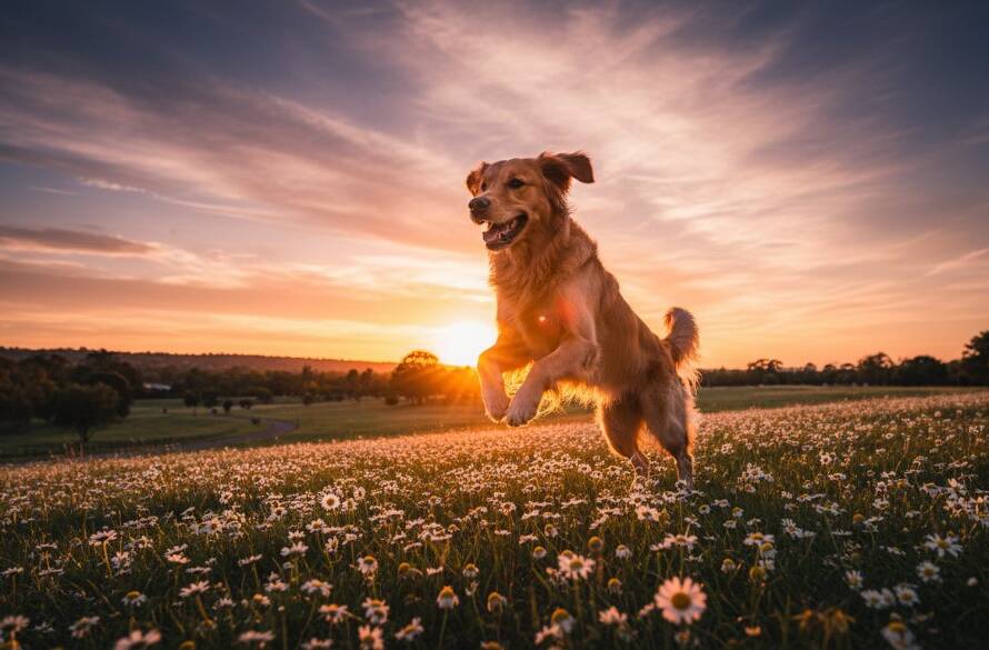 An emotionally resonant, epic moment captured through heartfelt pet photography Keilor Park captures, showing a golden retriever leaping joyfully through dappled sunlight in a lush park, its fur illuminated with golden light, a perfect professional portrait.