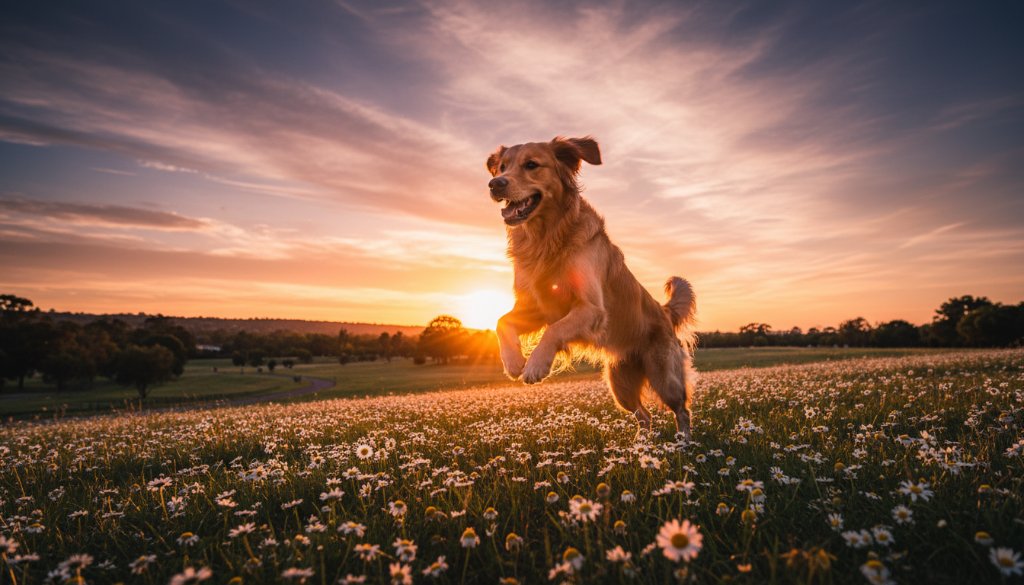 An emotionally resonant, epic moment captured through heartfelt pet photography Keilor Park captures, showing a golden retriever leaping joyfully through dappled sunlight in a lush park, its fur illuminated with golden light, a perfect professional portrait.