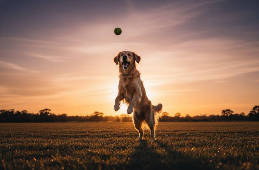 An epic, low-angle photograph capturing a golden retriever mid-leap, silhouetted against a dramatic sunset sky over the Eynesbury Grey Box Forest near Melton West, embodying heartfelt pet photography Melton West nature trails.