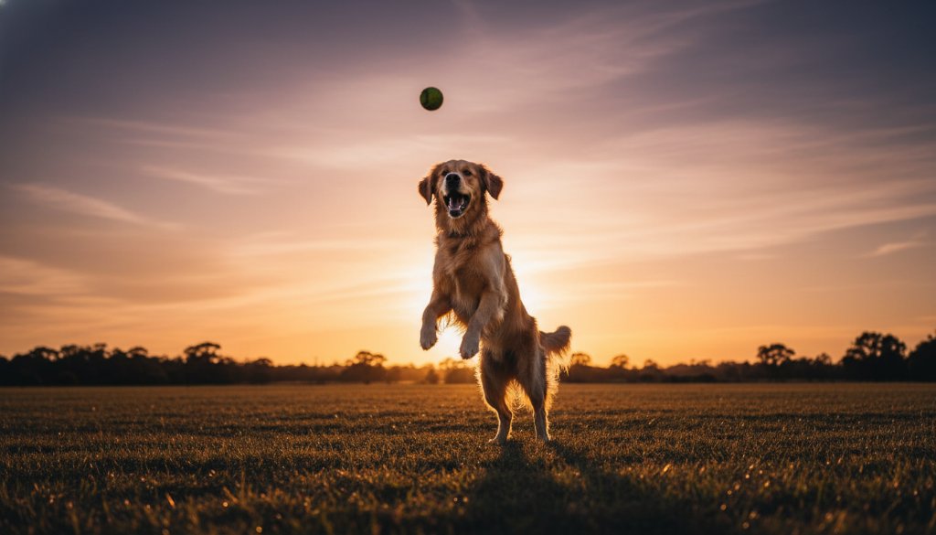 An epic, low-angle photograph capturing a golden retriever mid-leap, silhouetted against a dramatic sunset sky over the Eynesbury Grey Box Forest near Melton West, embodying heartfelt pet photography Melton West nature trails.