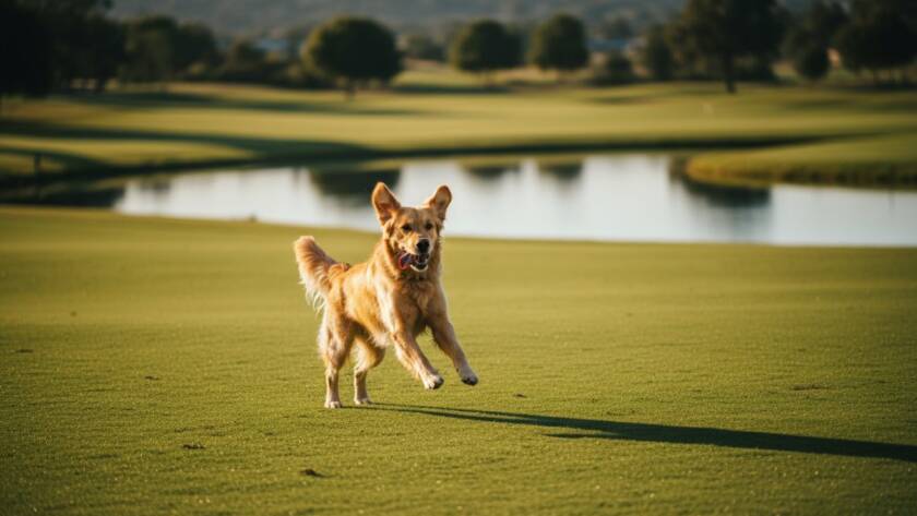 A stunning, golden hour portrait showcasing the deep bond during a heartfelt pet photography Sandhurst Victoria session, featuring a playful golden retriever leaping joyfully near a calm lake at Sandhurst Club, expertly captured with dramatic lighting and professional color grading.