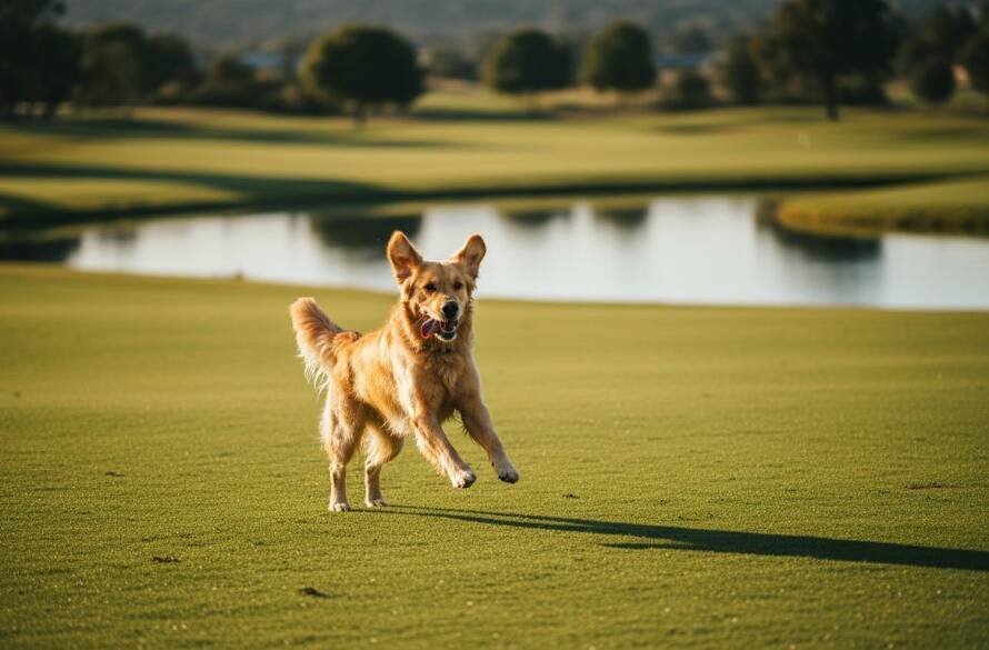 A stunning, golden hour portrait showcasing the deep bond during a heartfelt pet photography Sandhurst Victoria session, featuring a playful golden retriever leaping joyfully near a calm lake at Sandhurst Club, expertly captured with dramatic lighting and professional color grading.