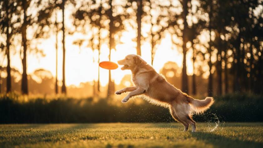 A heartwarming, epic moment captured in Sunshine, Victoria, showing a playful golden retriever mid-leap, fetching a ball in a sun-drenched park, perfectly illustrating heartfelt pet photography Sunshine Vic. Professional photography with dramatic lighting and vibrant colours.
